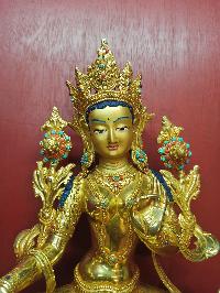 Buddhist Handmade Statue Of Green Tara, [full Fire Gold Plated], [face Painted], [stone Setting]