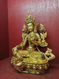 Buddhist Handmade Statue Of Green Tara, [full Fire Gold Plated], [face Painted], [stone Setting]