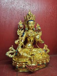 Buddhist Handmade Statue Of Green Tara, [full Fire Gold Plated], [face Painted], [stone Setting]