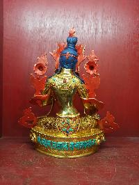 Buddhist Handmade Statue Of Green Tara, [full Fire Gold Plated], [face Painted], [stone Setting]