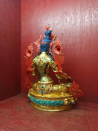 Buddhist Handmade Statue Of Green Tara, [full Fire Gold Plated], [face Painted], [stone Setting]