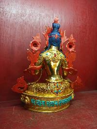 Buddhist Handmade Statue Of Green Tara, [full Fire Gold Plated], [face Painted], [stone Setting]