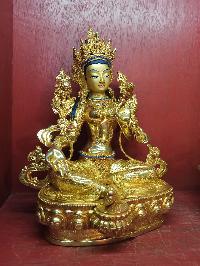 Buddhist Handmade Statue Of Green Tara, [full Fire Gold Plated], [face Painted], [stone Setting]