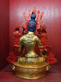 Buddhist Handmade Statue Of Green Tara, [full Fire Gold Plated], [face Painted], [stone Setting]