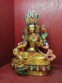 Buddhist Handmade Statue Of Green Tara, [full Fire Gold Plated], [face Painted], [stone Setting]