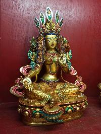 Buddhist Handmade Statue Of Green Tara, [full Fire Gold Plated], [face Painted], [stone Setting]