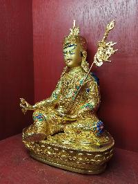 Buddhist Handmade Statue Of Padmasambhava [guru Rinpoche], [full Fire Gold Plated], [face Painted], [stone Setting]