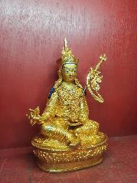 Buddhist Handmade Statue Of Padmasambhava [guru Rinpoche], [full Fire Gold Plated], [face Painted], [stone Setting]
