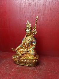 Buddhist Handmade Statue Of Padmasambhava [guru Rinpoche], [full Fire Gold Plated], [face Painted], [stone Setting]