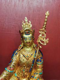 Buddhist Handmade Statue Of Padmasambhava [guru Rinpoche], [full Fire Gold Plated], [face Painted], [stone Setting]