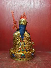 Buddhist Handmade Statue Of Padmasambhava [guru Rinpoche], [full Fire Gold Plated], [face Painted], [stone Setting]