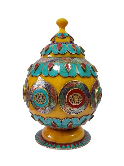 Tibetan Offering Vessel -hlyosar Stupa Box
, With Stone Setting, Imitation Amber