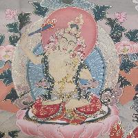 [art From Bhaktapur], Buddhist Handmade Thangka Painting Of Manjushri With Three Great Bodhisattvas, [antique], [real Gold]