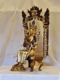 Buddhist Handmade Statue Of Maitreya Buddha On Throne, [silver And Chocolate Oxidized], [face Painted]