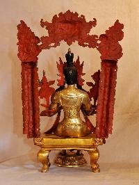 Buddhist Handmade Statue Of Maitreya Buddha On Throne, With Cheppu [face Painted], [gold Plated]