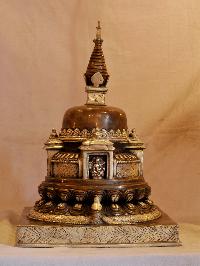 Buddhist Handmade Statue Of Stupa, [silver And Chocolate Oxidized], With [amitabha Buddha]