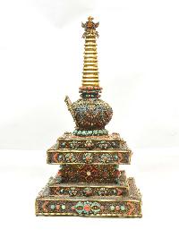 Buddhist Handmade Stupa, [gold Plated], [stone Setting]