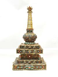 Buddhist Handmade Stupa, [gold Plated], [stone Setting]