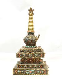 Buddhist Handmade Stupa, [gold Plated], [stone Setting]