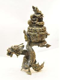 Buddhist Handmade Incense Burner Of [mahakala] Face At Front, With [dragon Design], [makal, Maka, Incense Burner]