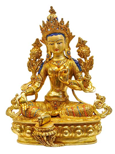 Buddhist Handmade Statue Of Green Tara, [full Fire Gold Plated], [face Painted], [stone Setting]