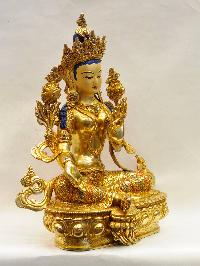 Buddhist Handmade Statue Of Green Tara, [full Fire Gold Plated], [face Painted], [stone Setting]