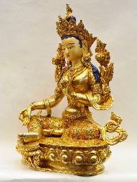 Buddhist Handmade Statue Of Green Tara, [full Fire Gold Plated], [face Painted], [stone Setting]