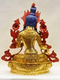 Buddhist Handmade Statue Of Green Tara, [full Fire Gold Plated], [face Painted], [stone Setting]