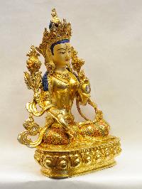 Buddhist Handmade Statue Of White Tara, [full Fire Gold Plated], [face Painted], [stone Setting]