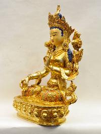 Buddhist Handmade Statue Of White Tara, [full Fire Gold Plated], [face Painted], [stone Setting]