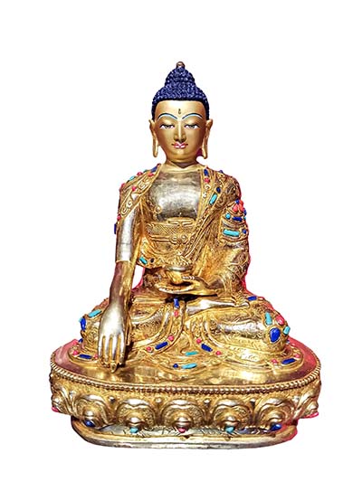 Buddhist Handmade Statue Of Shakyamuni Buddha, [face Painted], [gold Plated], [stone Setting]