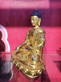 Buddhist Handmade Statue Of Shakyamuni Buddha, [face Painted], [gold Plated], [stone Setting]