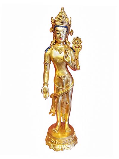 Buddhist Handmade Statue Of Standing Avalokiteshvara, [face Painted], [mercury Plated], [electroplating]