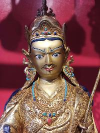 Buddhist Handmade Statue Of Padmasambhava, Guru Rinpuchhe, [face Painted], [gold Plated], [stone Setting]