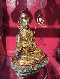 Buddhist Handmade Statue Of Padmasambhava, Guru Rinpuchhe, [face Painted], [gold Plated], [stone Setting]