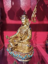 Buddhist Handmade Statue Of Padmasambhava, Guru Rinpuchhe, [face Painted], [gold Plated], [stone Setting]