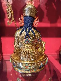 Buddhist Handmade Statue Of Padmasambhava, Guru Rinpuchhe, [face Painted], [gold Plated], [stone Setting]