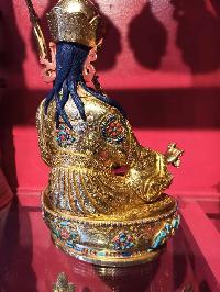 Buddhist Handmade Statue Of Padmasambhava, Guru Rinpuchhe, [face Painted], [gold Plated], [stone Setting]