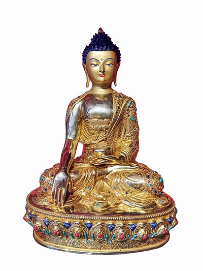 Buddhist Handmade Statue Of Shakyamuni Buddha, [face Painted], [gold Plated], [stone Setting]