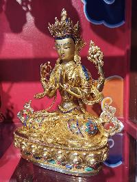 Buddhist Handmade Statue Of Chenrezig, [face Painted], [gold Plated], [stone Setting]