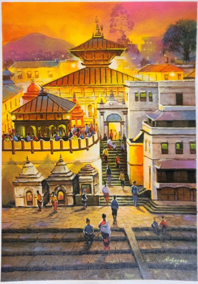 Painting Of Pashupatinath Temple [acrylic Color On Canvas], [washable]