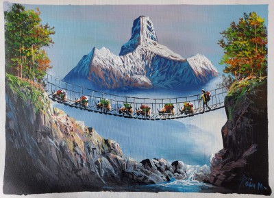 Painting Of Himalayan Region Lifestyle And Beautiful Ama Dablam Mountain [acrylic Color On Canvas]