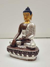 Buddhist Handmade Statue Of Shakyamuni Buddha, [silver Plated And Chocolate Oxidized], [face Painted]