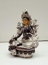 Buddhist Handmade Statue Of Green Tara, [silver Plated And Chocolate Oxidized], [face Painted]