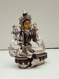 Buddhist Handmade Statue Of Green Tara, [silver Plated And Chocolate Oxidized], [face Painted]