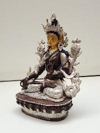 Buddhist Handmade Statue Of White Tara, [silver Plated And Chocolate Oxidized], [face Painted]