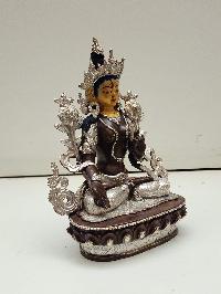 Buddhist Handmade Statue Of White Tara, [silver Plated And Chocolate Oxidized], [face Painted]