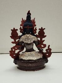 Buddhist Handmade Statue Of White Tara, [silver Plated And Chocolate Oxidized], [face Painted]