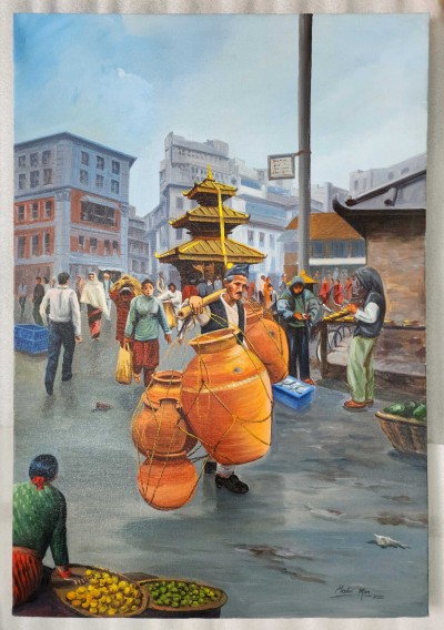 A Man Selling Pots [oil Colour Painting], Nepali Art