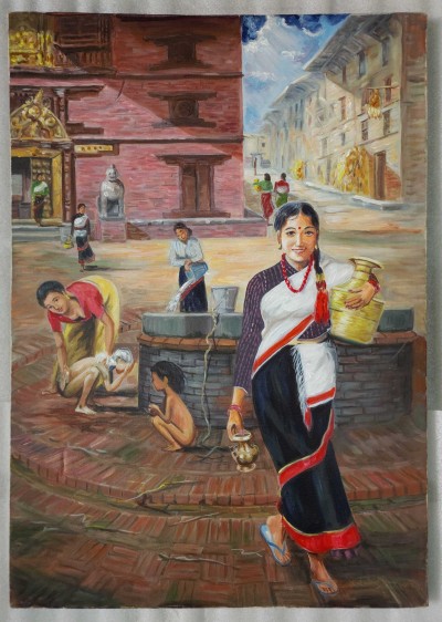 Nepali newari Lifestyle, Filling Water From Well, oil Colour Painting, Nepali Art